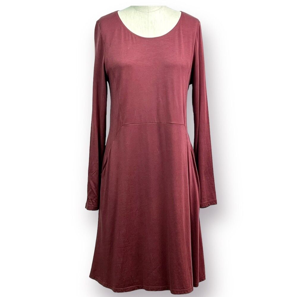 Garnet Hill A-Line Knit Dress Everyday Long Sleeve Scoop Neck Pockets Burgundy M
